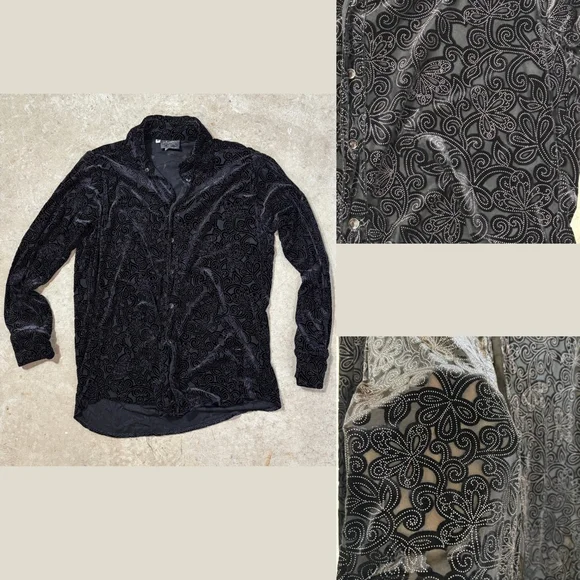 Vintage Shrine Of Hollywood Black Velvet Floral Button Down Shirt Men’s Medium - Picture 1 of 14